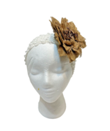 Vintage Womens Girls Stretch Headband with Large Burlap Flower White Tan - $11.59