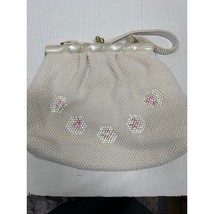 Vintage Beaded Handbag Satchel Purse White w/ Pink Roses Ball Clasp Closure - $32.95