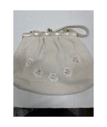 Vintage Beaded Handbag Satchel Purse White w/ Pink Roses Ball Clasp Closure - $614.82 MXN