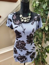 Premise Studio Women Blue Floral Rayon Round Neck Short Sleeve Pullover Blouse L - £17.99 GBP