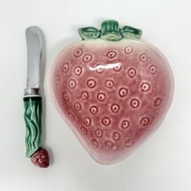 Berry Shaped Bowl &amp; Spreader Ceramic Farmhouse Granny Chic Red Green Vintage - £18.38 GBP