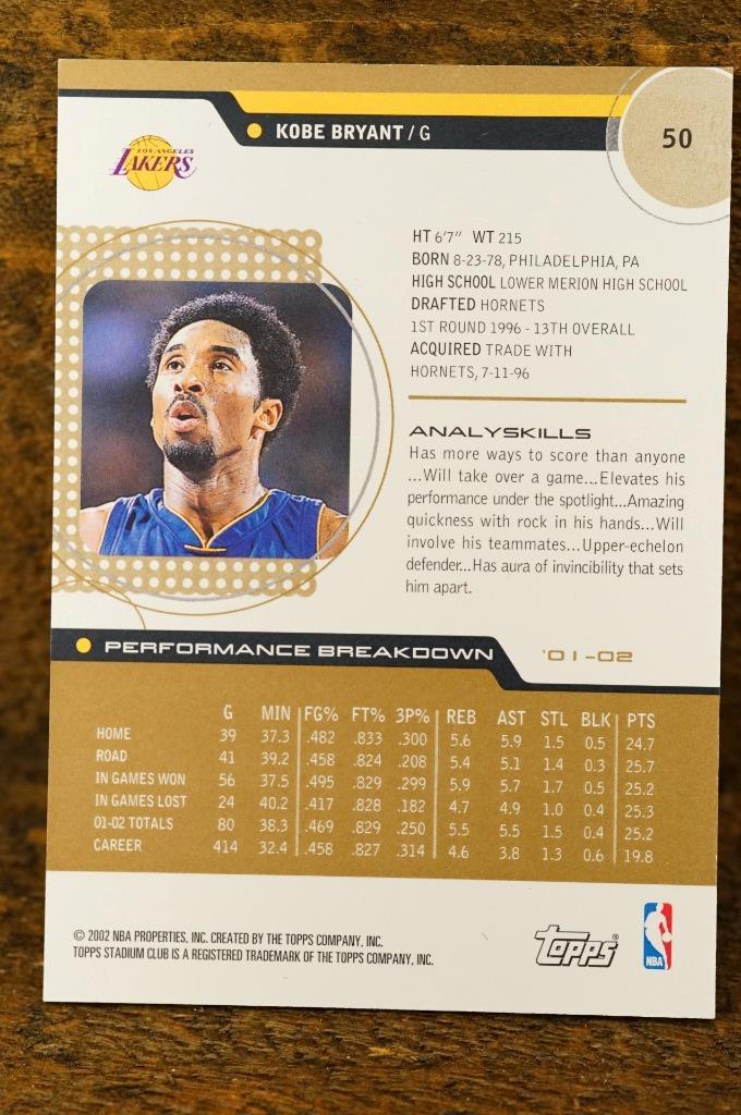 2002-03 Topps Stadium Club Kobe Bryant #50 LA Lakers Thick Foam Core HOF Item image 2