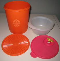 Tupperware 12 Cup Canister Orange 807-12; 3-1/2 Cup Vented Storage 2647A-4 Lids - £12.86 GBP