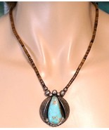 Vintage Sterling Silver &amp; Turquoise Pendant Necklace with Heishi Beads S... - £208.32 GBP