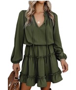 Green V-Neck Long Sleeve High Waist Ruffle Tiered Swing Tunic Mini Dress XL - $694.37 MXN