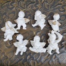 Vintage 1970s Christmas Angel Ornaments SET OF 7 Ceramic White Gold Appr... - £17.87 GBP