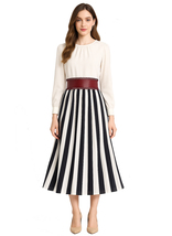 Queen Rania Inspired White Blouse &amp; Two-Coloured Striped Pleated Skirt A... - $119.99