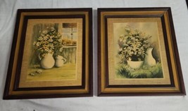 Pair Vintage Wood Framed Rusty Floral Prints Rustic Decor Pitcher &amp; Flowers - £27.67 GBP