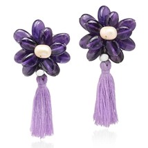 Amazing Purple Amethyst &amp; Pearl Flower w/ Tassel Clip-On Earrings - £13.88 GBP