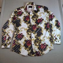 Suslo Couture Slim Fit Button Up Shirt Medium Red Floral Gold Black Print - $35.19 CAD