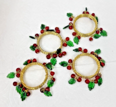 Set of 4 Fun RED Cherry Green Leaf Beady Napkin Rings Gold Tone Metal Rings - $18.32