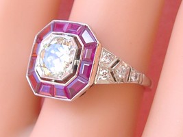 Art Deco 1ct Diamond .90ctw Ruby Octagon Halo Platinum Engagement Cocktail Ring - £5,159.47 GBP