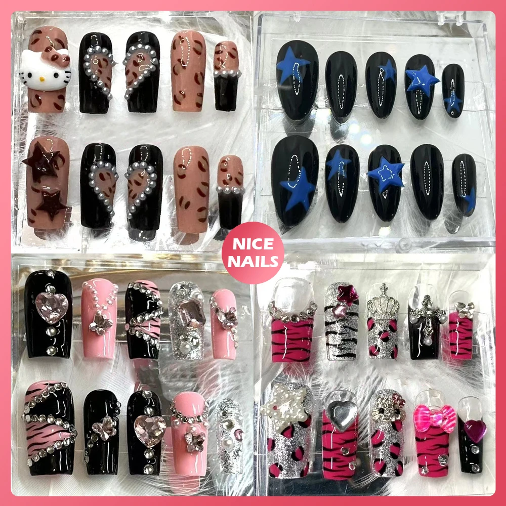 Nice Nails Y2K Hot Girl Manual Work Nails Hello Kitty Diamond Star Line - £5.05 GBP+
