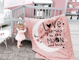 New Baby Girl Coral White Love You To The Moon &amp; Back Crib Bedding Nursery 4 Pcs - £77.91 GBP