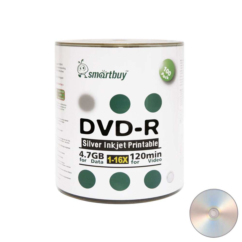100 Pcs Smartbuy 16X DVD-R 4.7GB Silver Inkjet Hub Printable Blank Record Disc - $23.99