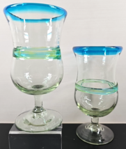 2 Mexican Hand Blown Blue Green Band Iced Tea Tulip Glasses Set Drinking... - $29.67
