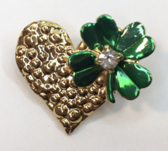Gold Tone &amp; Green Heart &amp; 4 Leaf Clover Shamrock Pin Brooch St. Patrick&#39;... - £12.53 GBP
