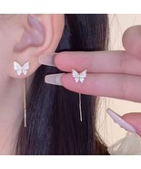 Silver Needle Butterfly Earrings – Long Tassel Elegant Dangle Jewelry - $21.72 CAD