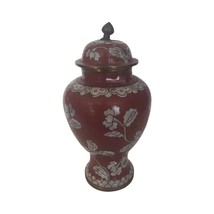 Antique Chinese Hand Painted White Flowers On Red Cloisonne Brass Jar w/... - $64.99