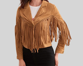 Tan Motorcycle Genuine Lambskin Jacket Fringed Handmade Suede Women Leather - £101.54 GBP