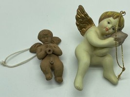 Two Cherub Angels Christmas ornaments 1 clay 1 ceramic 2.25 and 3.5 inches - £7.60 GBP