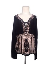 Dolce Cabo Crotchet Overlay Beaded Sweater Size XL Black Pink Lace Up Stretch - £20.49 GBP