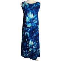 Vintage Karen Ann Hawaiian Bark Cloth Dress S Blue Floral Maxi Button Zipper - £102.78 GBP