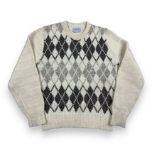 Vtg 50s 60s Pinnacle Beige Gray Argyle Wool Blend Sweater Made In USA Size S - £20.97 GBP