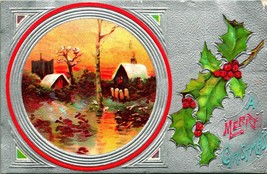 A Merry Christmas Silver Foil Holly Cabin Scene UNP Embossed DB Postcard C6 - £10.60 GBP