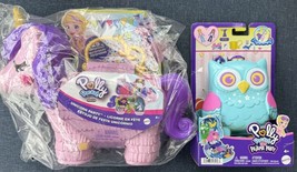 2 Polly Pocket Playsets Unicorn Party &amp; Blue Snowy Sleepover Owl Compacts New - £34.14 GBP