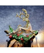 Vintage 1980s Emmons Brooch Leaping Deer Gold Tone Holly Berries - £27.36 GBP