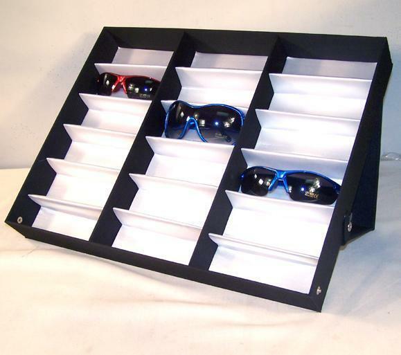2 HORIZONTAL PORTABLE SUNGLASS COVERED 18 PAIR DISPLAY TRAY STANDUP eyeg... - $47.49