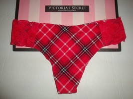 NEW VICTORIA&#39;S SECRET PINK LACE TRIM NO SHOW THONG RED/WHITE/BLACK PLAID... - $10.88