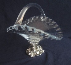 MURANO Crystal Basket on Silver Base Clear Art Glass Bowl Ruffled Edges ... - $49.45