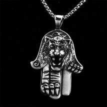 For Men Silver Tiger Hamsa Hand Pendant Necklace Protection Jewelry Chain 24&quot; - £9.38 GBP