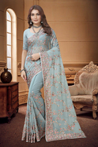 Designer Sea Green Heavy Resham Embroidery Work Sari Georgette Party Wear Saree - £66.52 GBP