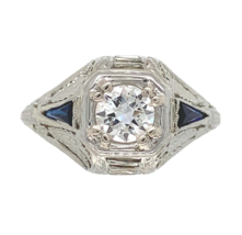 18k Gold Art Deco .41ct Diamond FIligree Lab-Created Sapphires GIA Report #J6749 - $35,524.95 MXN