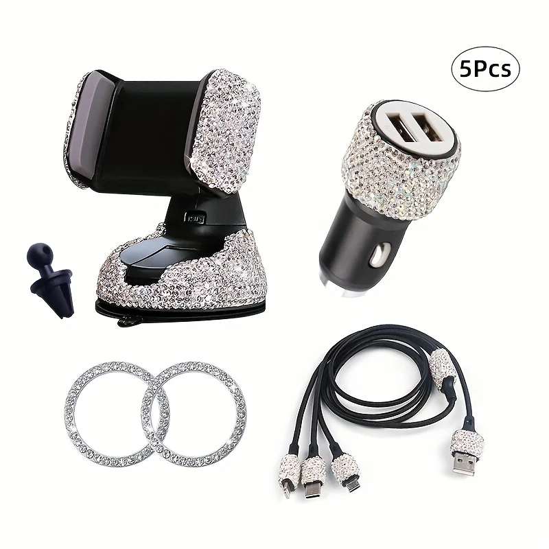 5Pcs Bling Diamond Car Phone Holder Auto Charger 3-in-1 Charging Cable 1Pair - £19.57 GBP