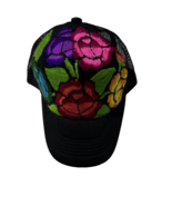 Mexican Otomi Embroidered Floral Baseball Cap Women’s Black Mesh Snap Back - $24.77