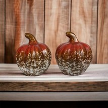 2 Pumpkins Harvest Ceramic Decorative Pumpkins Fall Orange Brown 3&quot; x 3&quot;... - $24.43