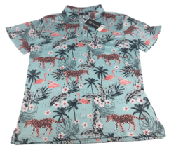 Greenside Golf Men&#39;s Polo Shirt African Oasis Medium Cheetah Flamingo Tropical - £22.41 GBP