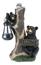 Ebros Forest Black Bear Mama &amp; Cub W/Raccoon Welcome Sign Solar LED Light Statue - £58.31 GBP