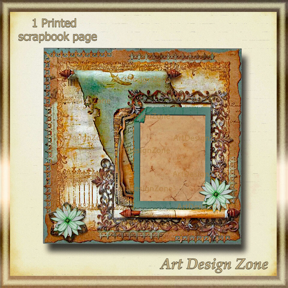 Scroll, Greens, Brass, Coppers Vintage Scrapbook Page - $12.00