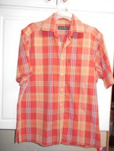 Green Fibre Mens Sz L Plaid Orange short Sleeve Shirt Button Down Front - $15.84