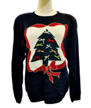 1990s Not So Ugly Christmas Sampler Sweater Size Medium Black Leslie Fay Vintage - £13.61 GBP