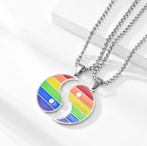 2PC Rhodium Stainless Steel Yin Yang Rainbow Pride Pendant Necklace - £20.26 GBP