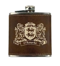 O&#39;Rourke Irish Coat of Arms Leather Flask - Rustic Brown - £19.94 GBP