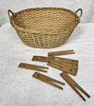 OLD Doll Teddy Bear Size Toy Laundry Basket w Hand Carved Clothes Pins Pegs - $29.21