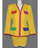 VTG 2-Pc Andrea Behar Color Block Yellow Lined Wool Blazer &amp; Skirt Suit ... - $108.03 CAD