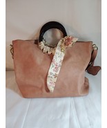 Max Studio Faux Vegan Leather Purse Pink Wooden Handle Scarf Bow Accent - £18.99 GBP